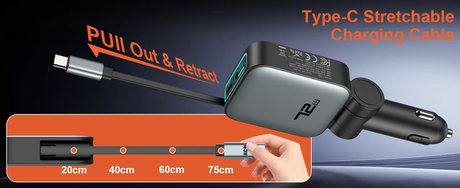 Goldplin GP-C097 Type-C stretchable charging cable with pull-out and retract mechanism, adjustable from 20cm to 75cm