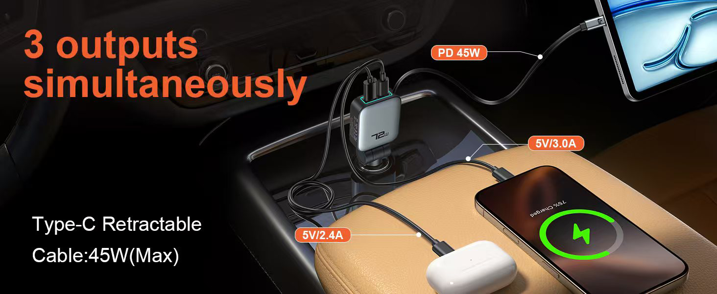 Goldplin GP-C097 car charger with 3 simultaneous outputs: Type-C retractable cable at 45W, USB-A at 5V/3.0A, and second USB-A at 5V/2.4A