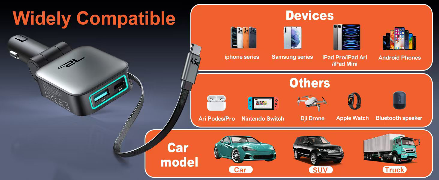Goldplin GP-C097 car charger widely compatible with iPhone, Samsung, iPad Pro, Android phones, AirPods, Nintendo Switch, DJI drone, Apple Watch, Bluetooth speaker, for car, SUV, and truck