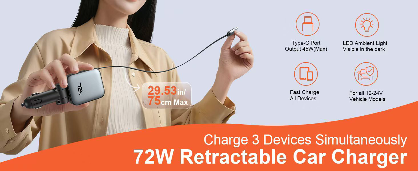 Goldplin GP-C097 72W retractable car charger with Type-C port 45W output, LED ambient light, retractable cable up to 75cm, fast charge for all 12-24V vehicles