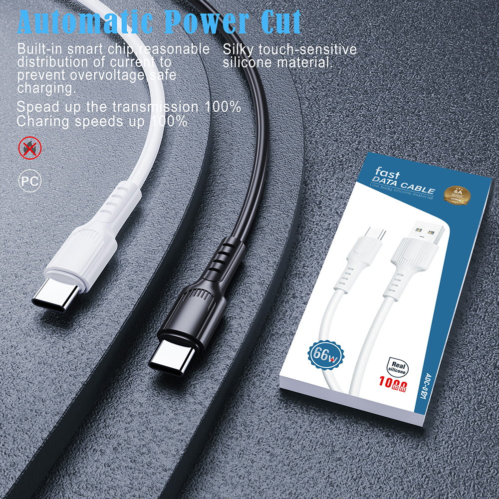 Goldplin TL-AC054 6A 66W fast charge silicone data cable in black and white, with smart chip for automatic power cut and overvoltage protection
