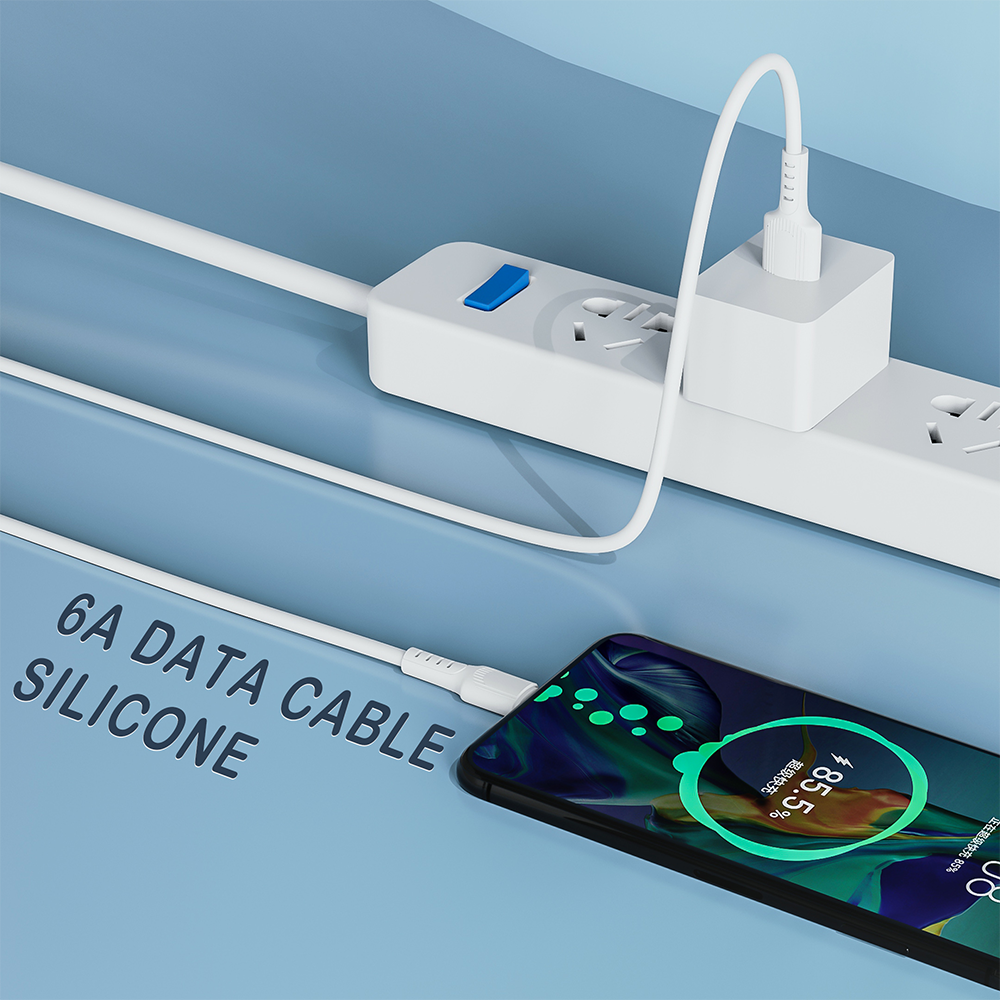 Goldplin TL-AC054 6A silicone data cable charging smartphone via power strip, white USB-A to Type-C cable
