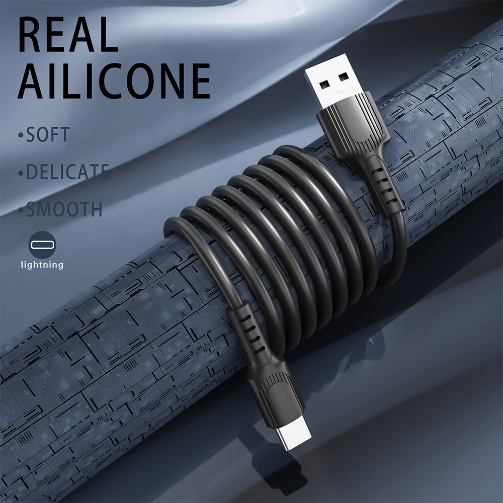 Goldplin TL-AC054 real silicone USB-A to Type-C cable in black, soft, delicate and smooth, with high flexibility and low temperature resistance
